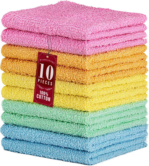 10 Pack 100% Cotton Wash Cloth, Luxurious Soft, 12 x 12 inch Ultra Absorbent, Machine Washable Washcloths, Assorted Colo