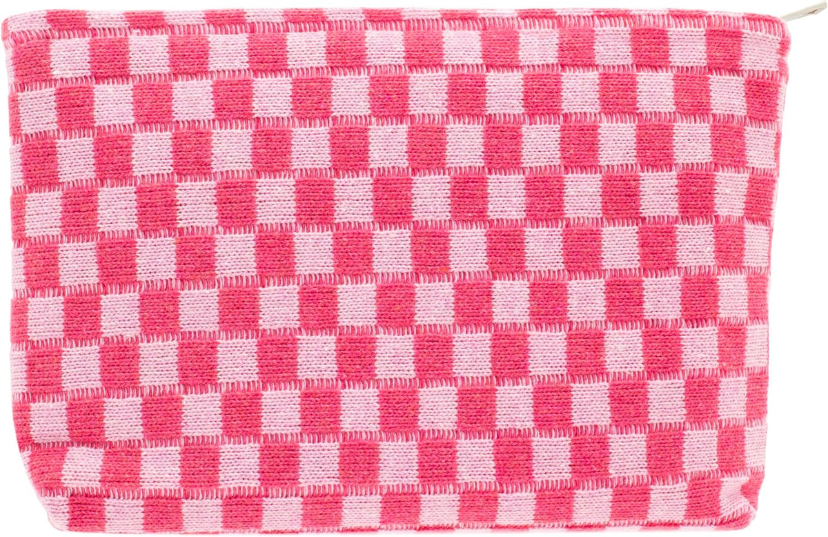 Checkered Makeup Bag for Purse Portable Zipper Make Up Pouch Small Cosmetic Case for Travel Accessories (Hotpink)