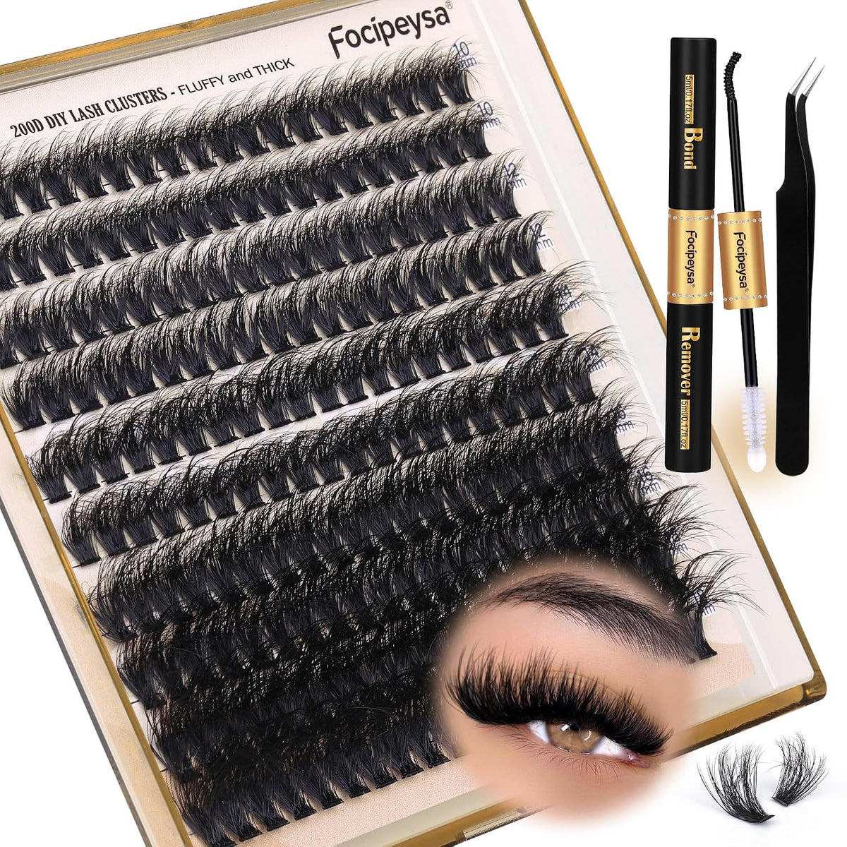 Focipeysa Lash Extension Kit Thick Eyelash Extension Kit 10-18mm Fluff Volume Lash Clusters 200D Individual Eyelashes Ki