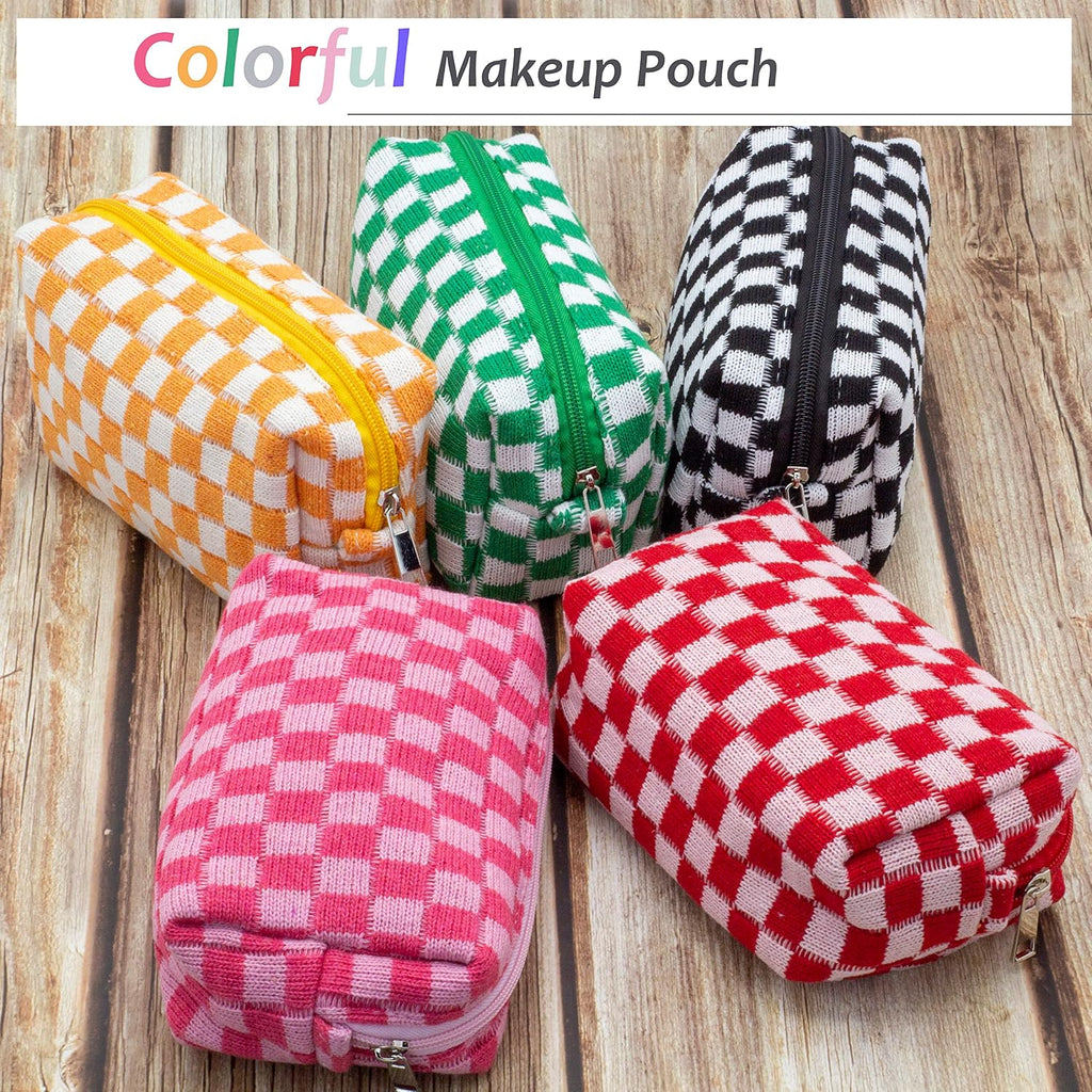 Checkered Makeup Bag for Purse Portable Zipper Make Up Pouch Small Cosmetic Case for Travel Accessories (Hotpink)