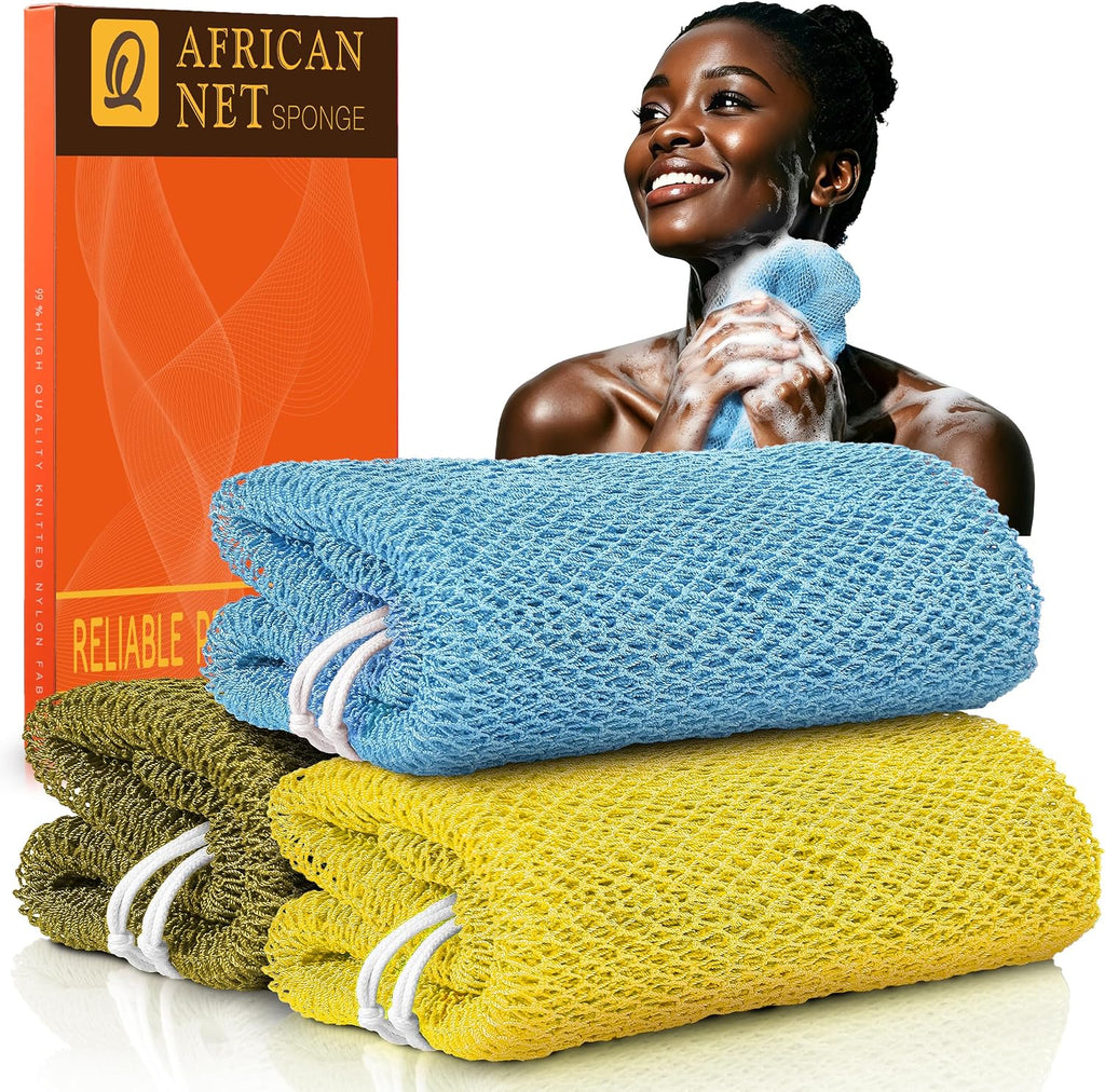 3 Pack African Net Sponge, African Exfoliating Net Bath Sponge Long Net Bath Sponge Exfoliating Shower Body Scrubber Bac