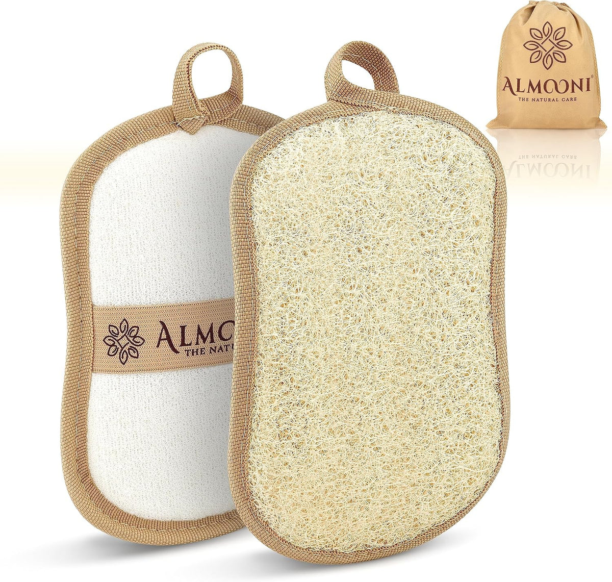Almooni Natural Loofah Exfoliating Body Scrubber, Shower Sponge 2 Count